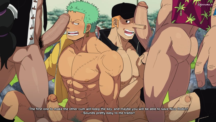 ass balls bara big_balls big_penis blowjob_competition blush burankoprn competition english_text erection franky gay green_hair kaku_(one_piece) male male/male male_nipples male_only male_pubic_hair muscular_male nipples nude one_piece penis roronoa_zoro scar text