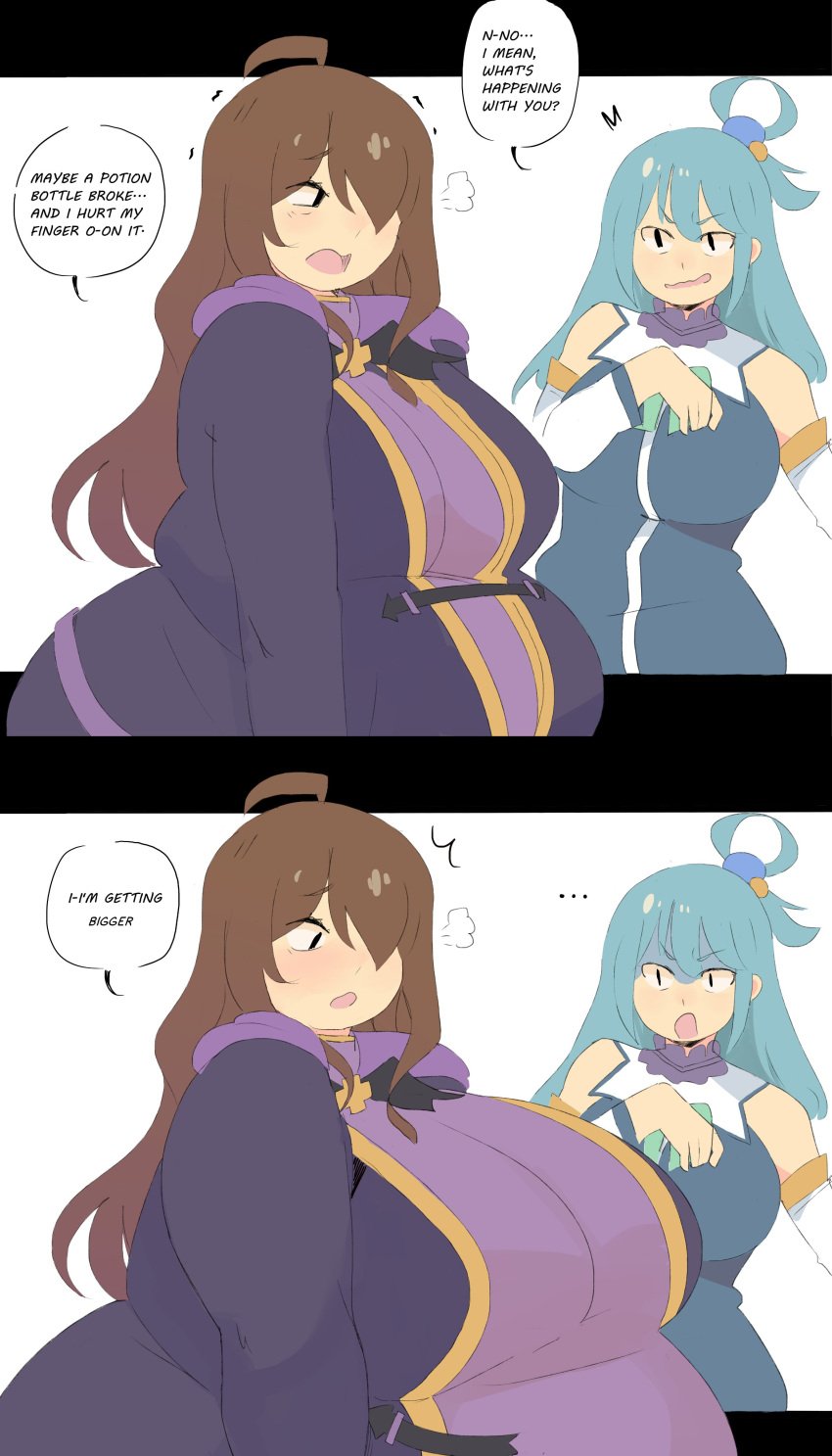 2024 2girls absurd_res aqua_(konosuba) ass bbw belly belly_expansion blue_eyes blue_hair breast_expansion breasts brown_eyes brown_hair comic dialogue english english_text expansion female_focus female_only hair_over_one_eye huge_ass huge_belly huge_breasts kono_subarashii_sekai_ni_shukufuku_wo! long_hair looking_at_another matching_hair/eyes napolitane speech_bubble text weight_gain wiz_(konosuba)