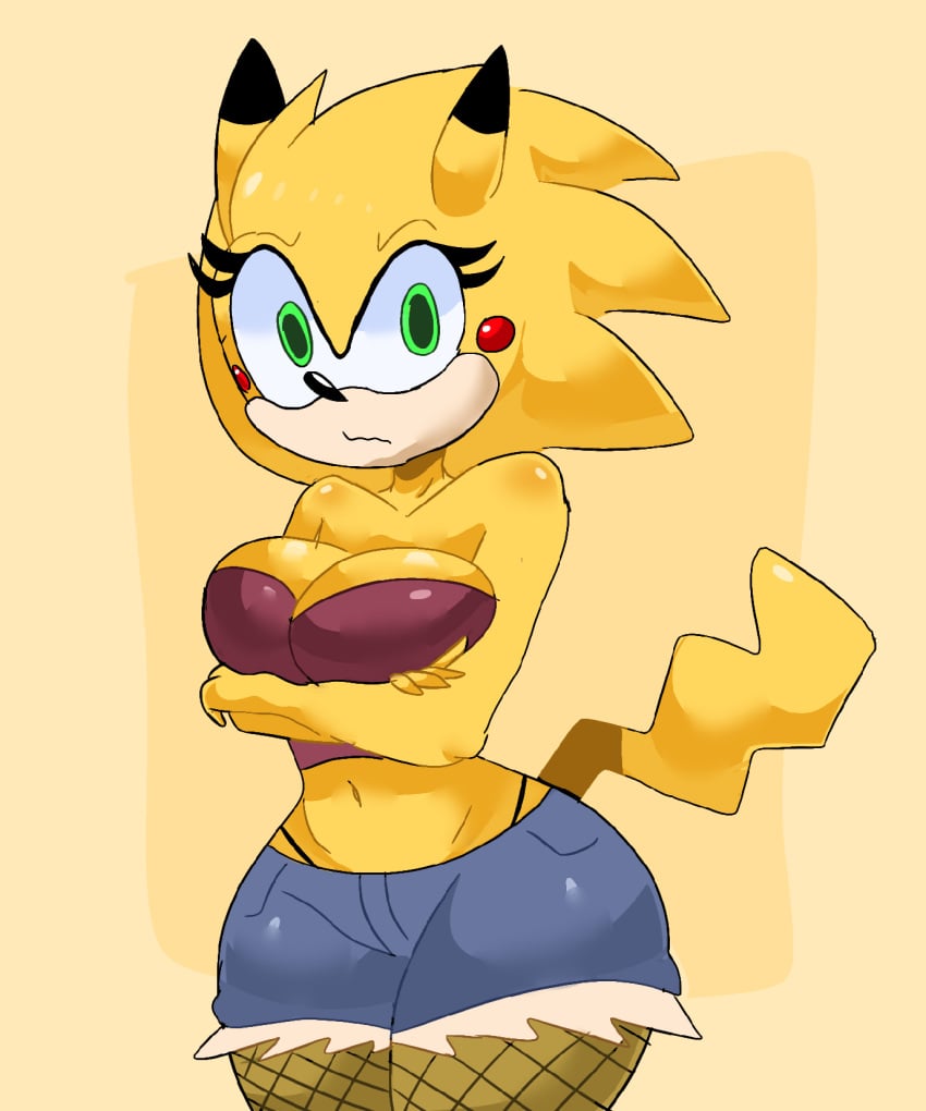 big_breasts chris-chan chris_chan female_only green_eyes hedgehog jeans_shorts pikachu short_jeans solo solo_female solo_focus sonic_the_hedgehog sonichu sonichu_(character) themoll thick_ass thick_thighs yellow_fur