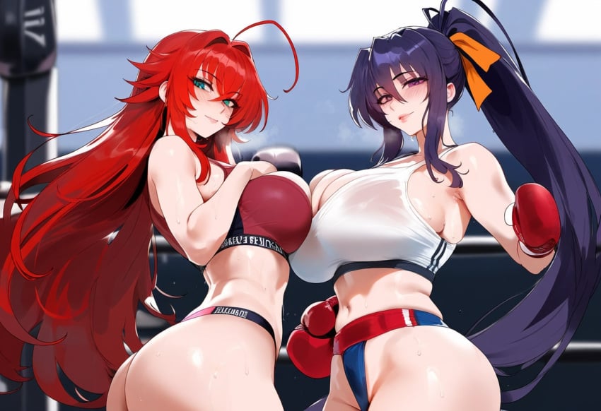 2girls ai_generated akeno_himejima breasts_on_breasts breasts_touching_face curvy_female female females_only girlfriends high_school_dxd huge_ass huge_breasts lesbian_couple racerai rias_gremory rias_x_akeno voluptuous_female wife_and_wife yuri