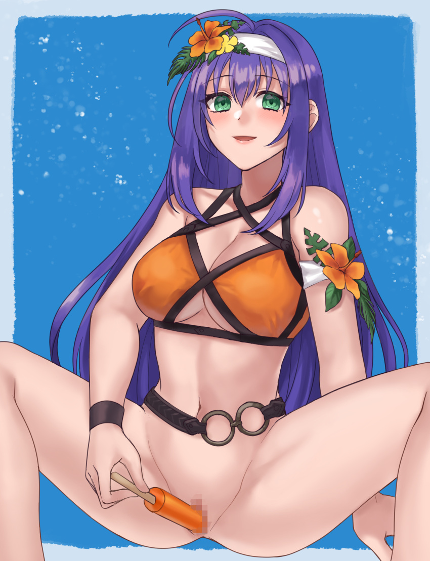 1girls ahoge alternate_costume bare_legs bikini bikini_top bottomless breasts cleavage female female_only fire_emblem fire_emblem:_path_of_radiance fire_emblem:_radiant_dawn fire_emblem_heroes flower food green_eyes hair_flower hazuki_(nyorosuke) headband large_breasts legs long_hair looking_at_viewer masturbation mia_(fire_emblem) mia_(summer)_(fire_emblem) nintendo object_insertion official_alternate_costume orange_bikini orange_swimsuit popsicle purple_hair smile solo spread_legs swimsuit underboob vaginal_penetration very_long_hair