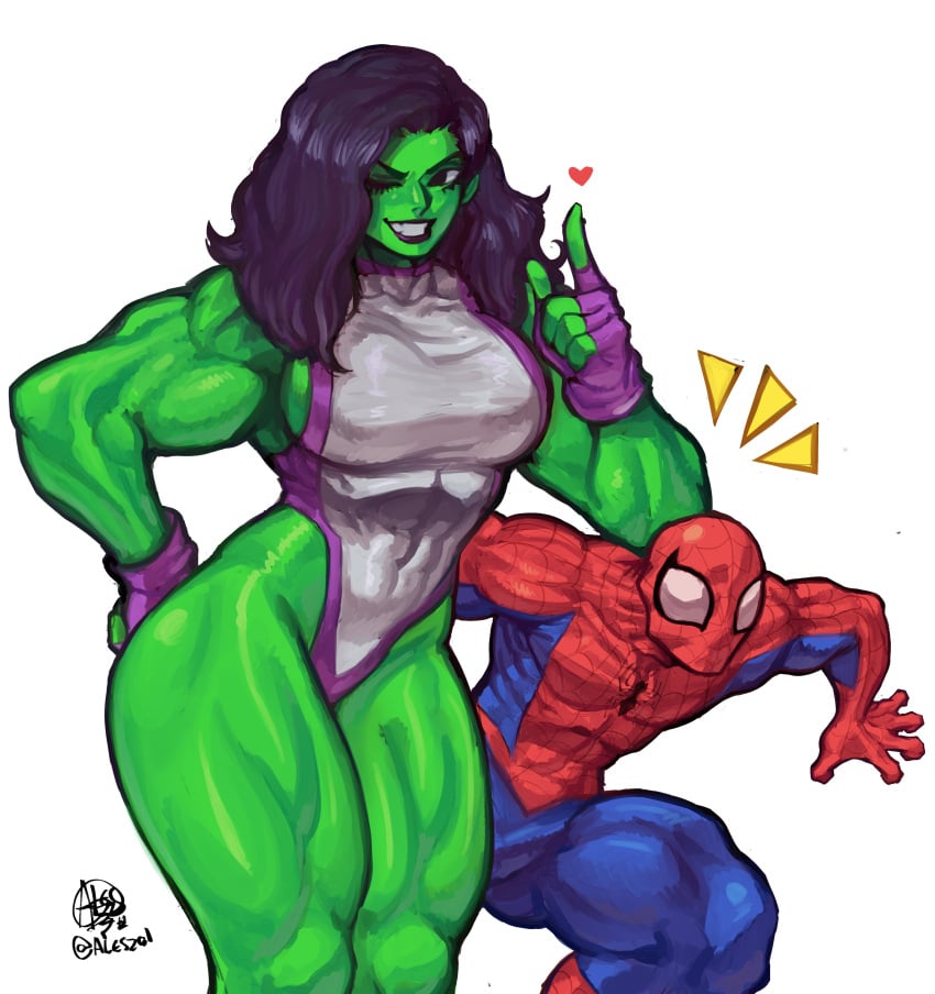 1boy 1girls 2d 2d_(artwork) al3s artist_signature big_breasts black_hair curvy fingerless_gloves gloves green-skinned_female green_skin heart highleg_leotard hulk_(series) leotard marvel marvel_comics muscular muscular_arms muscular_female muscular_thighs she-hulk spider-man spider-man_(series) superhero superheroine tight_clothing white_background wink winking