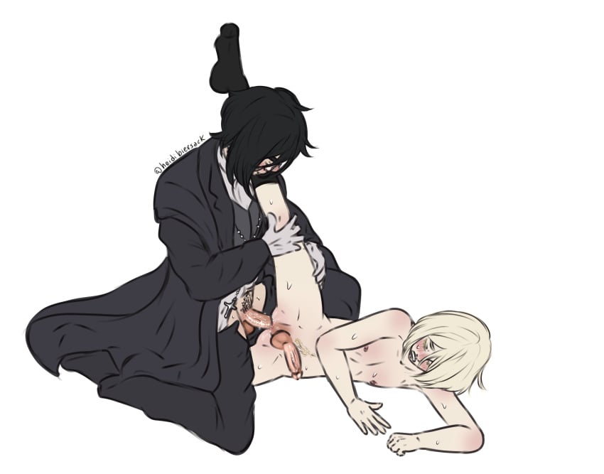 2boys anal anal_sex anus ass black_butler black_hair blonde_hair clothed_male_nude_male femboy gay heidibiersack joanne_harcourt kuroshitsuji penis sebastian_michaelis size_difference yaoi