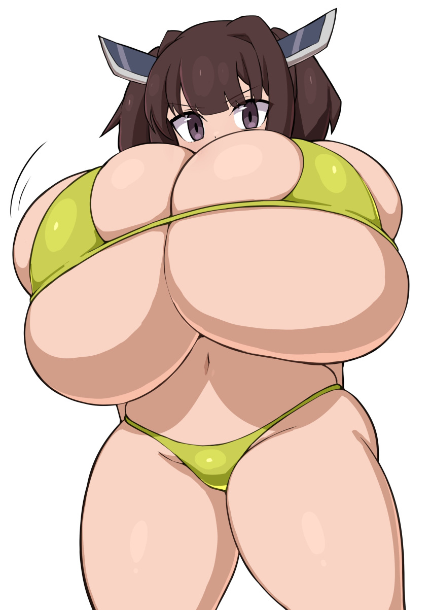 alternate_body_type alternate_breast_size bikini furrowed_brow gigantic_breasts hyper_breasts jaga334 looking_at_viewer low-angle_view micro_bikini obscured_face skindentation thick_thighs touhoku_kiritan voiceroid wide_hips