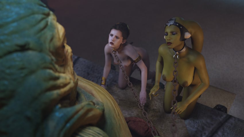 2girls 3d alexbridger belly_dancer braided_hair brown_eyes brown_hair chain_leash chained dancer enslaved_royal femsub green_skin harem harem_girl headwear hutt jabba's_palace jabba_the_hutt large_breasts long_hair medium_breasts naked nude nude_female oola princess_leia_organa slave slave_collar slave_leia slavegirl star_wars submissive_female twi'lek