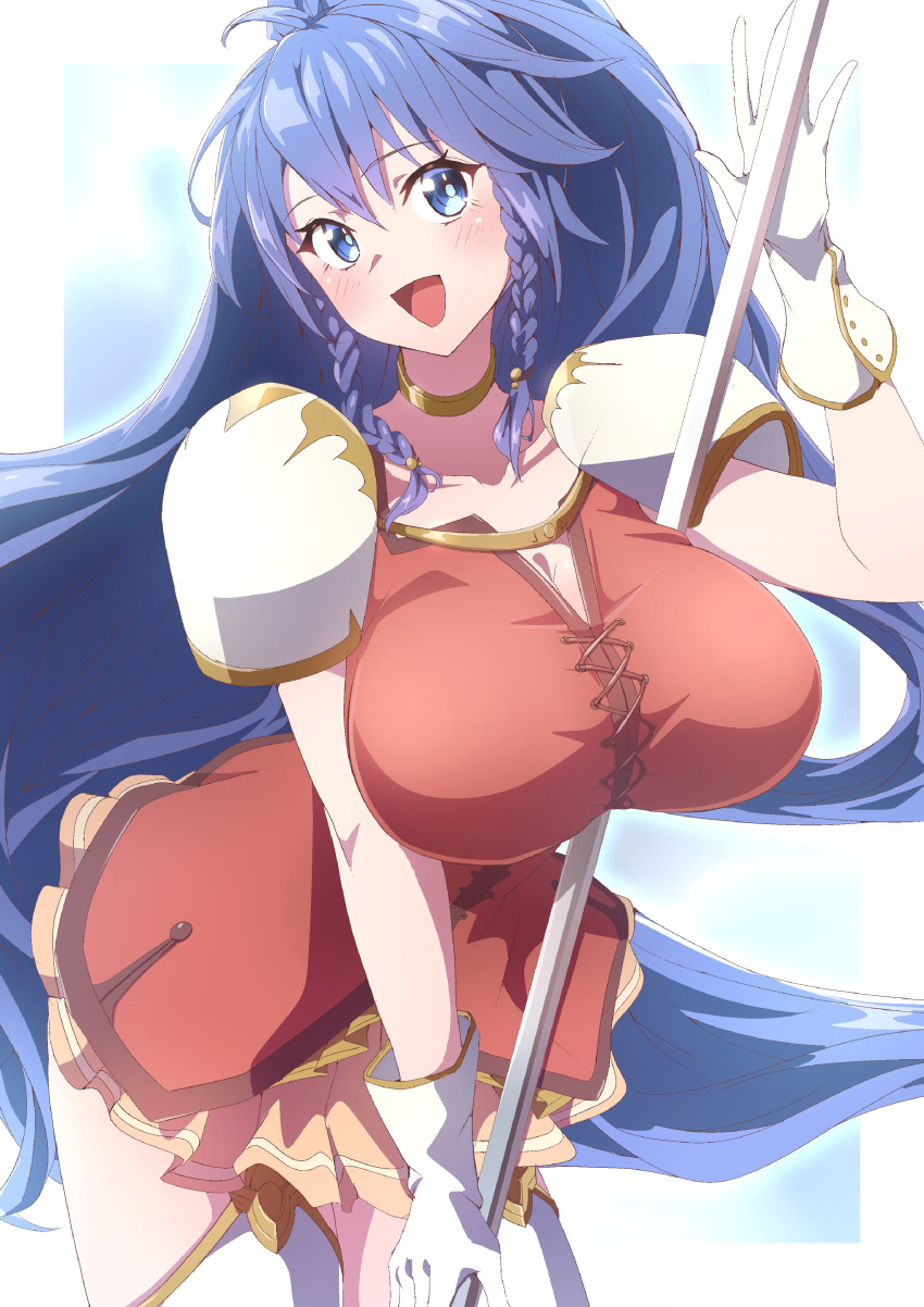 1girls :d blue_eyes blue_hair blush breasts dress female female_only fire_emblem fire_emblem:_the_sacred_stones gloves highres large_breasts long_hair looking_at_viewer nintendo ponytail short_skirt shoulder_pads simple_background solo spear tana_(fire_emblem) thick_thighs thighs to_(tototo_tk) twin_braids very_long_hair