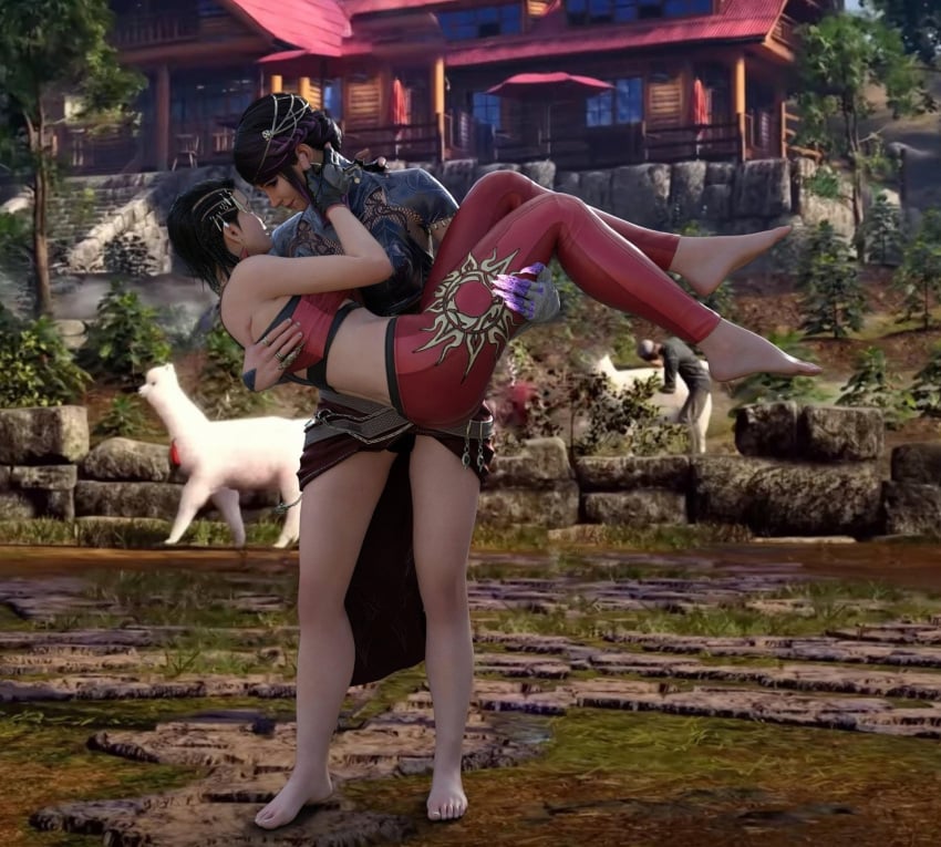 2girls 3d anartlife azucena_milagros_ortiz_castillo bandai_namco barefoot bottomless carrying carrying_partner egyptian_female feet female female_only foot_fetish fully_clothed namco peruvian_female tekken tekken_8 thick_thighs wholesome yuri zafina_(tekken)