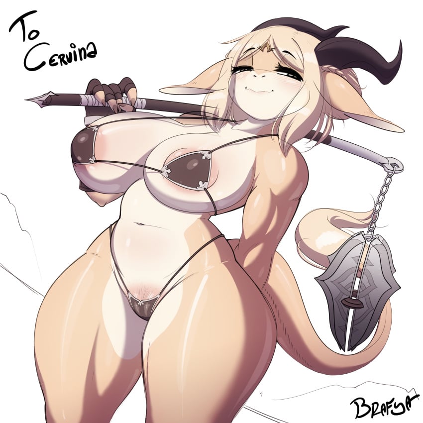 1girls absurd_res anthro areola_slip arm_behind_back battle_franky big_breasts bikini bikini_armor blonde_hair blush brafya celinia_(cervina7) countershading dragon dragon_ears dragon_humanoid eyes_mostly_closed female female_only horns looking_at_viewer narrowed_eyes pubic_hair_peek smiling smiling_at_viewer smug solo tail text thick_thighs very_high_resolution weapon weapon_over_shoulder white_background wingless_dragon yellow_body