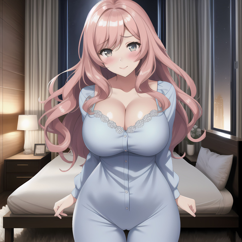 ai_generated big_breasts blush cleavage hourglass_figure nigh pink_hair solo_female wide_hips