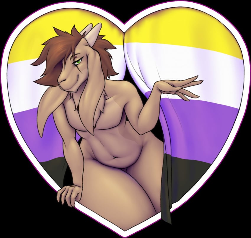 2020 anthro biped bovid caprine flag flag_(object) gesture goat green_eyes hair heart_symbol hi_res jakethegoat jakethegoat_(character) lgbt_pride long_ears looking_at_viewer male male_only mammal navel nonbinary_pride_colors nude pride_color_flag pride_colors pride_heart short_hair solo suggestive_look