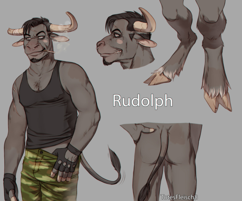 anthro ass balls beard bovine cattle cigarette clothed clothing facial_hair fingerless_gloves gloves horn looking_at_viewer male male_only mammal model_sheet rudy_(totesfleisch8) smile solo totesfleisch8