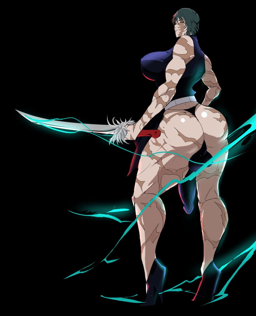 1futa back back_view backsack balls big_ass big_balls big_breasts big_penis black_background breasts clothed clothing erection futa_only futanari green_hair high_heels holding_object holding_weapon huge_ass huge_breasts human large_breasts light-skinned_futanari light-skinned_male light_skin lighting looking_back partially_clothed penis scar scars scars_all_over short_hair solo solo_futa standing tenchizone thick_thighs thong zenin_maki