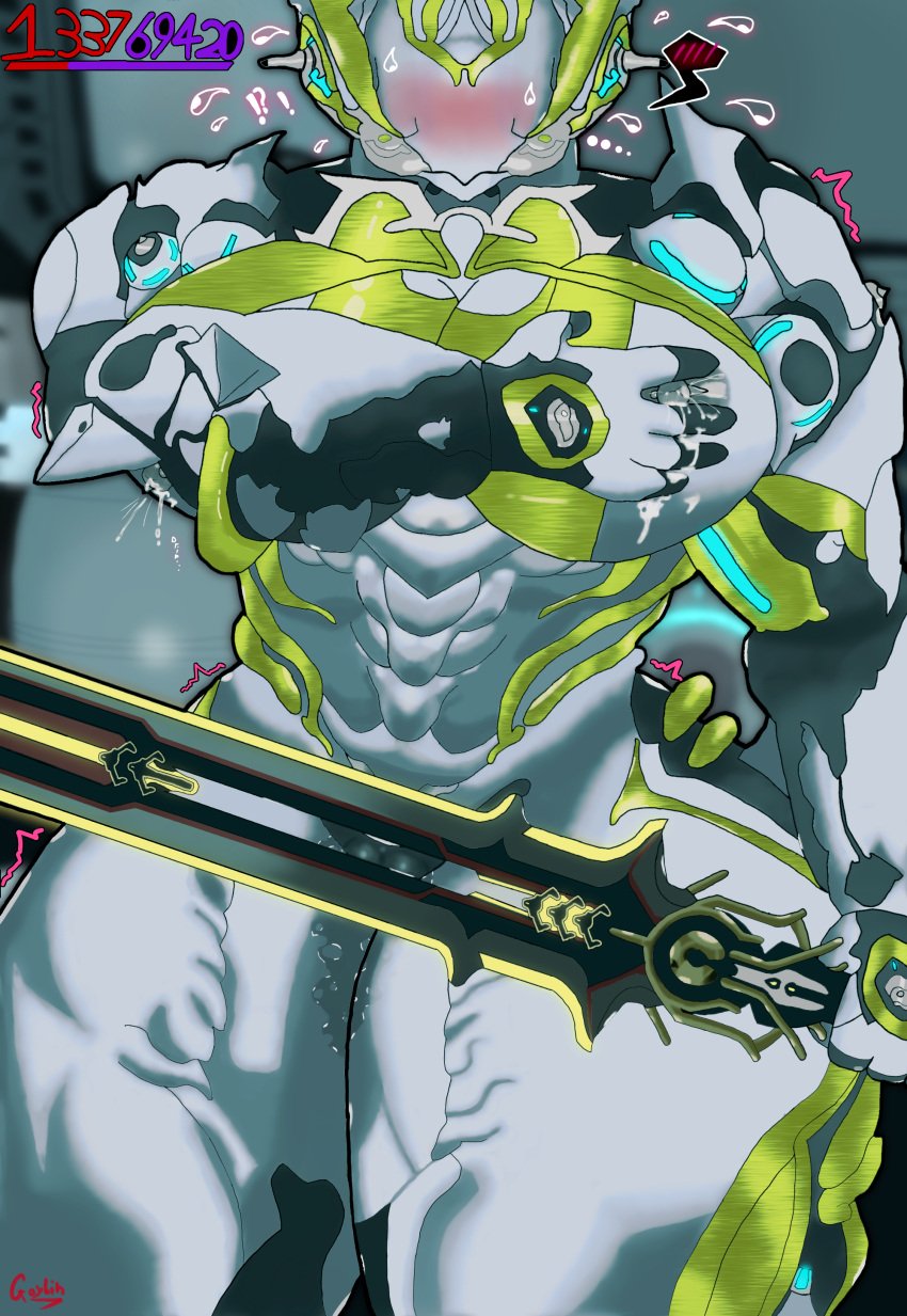 1girls breasts embarrassed female female_only goybin hildryn_(warframe) hildryn_prime lactation lactation_without_expressing large_breasts muscular_female pussy solo solo_female thick_thighs voluptuous warframe wide_hips