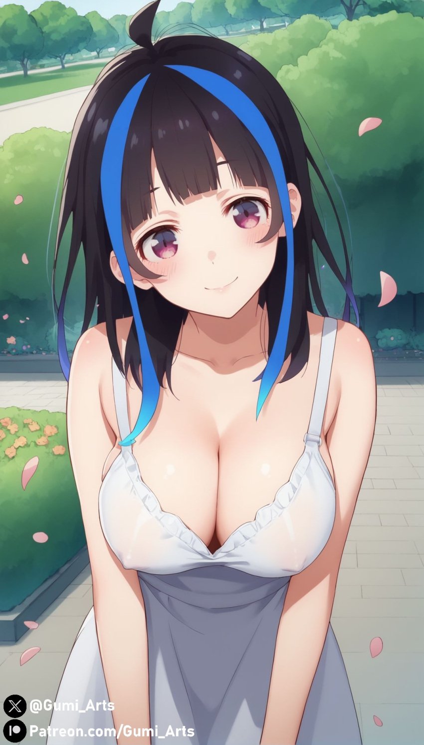 ai_generated black_hair blue_hair blush cleavage covered_nipples gumi_arts kanojo_okarishimasu looking_at_viewer multicolored_hair outdoors park pink_eyes smile stable_diffusion sundress two_tone_hair yaemori_mini