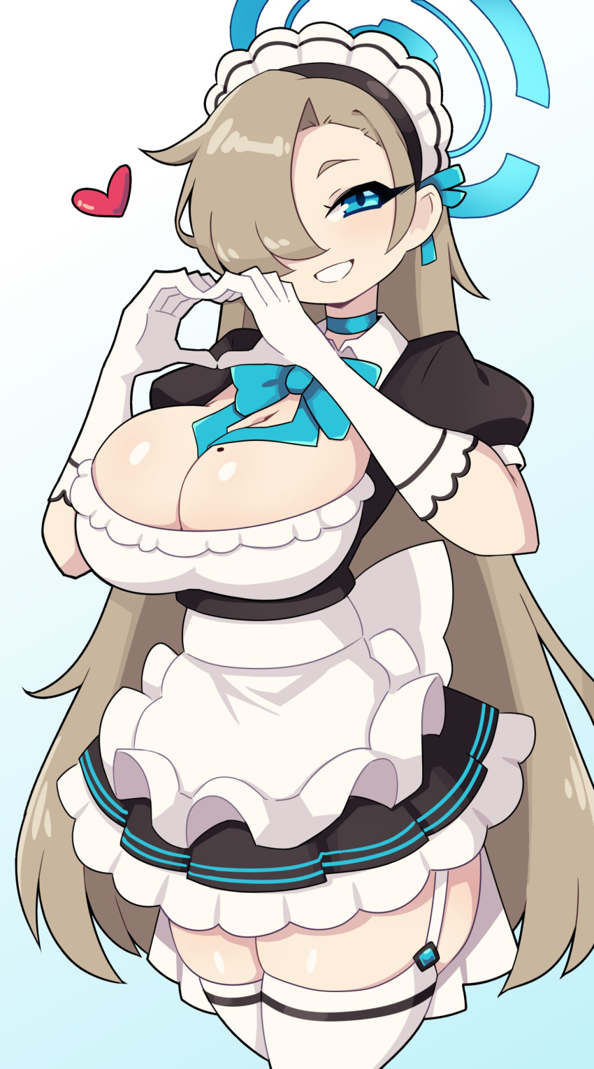 1girls asuna_(blue_archive) big_breasts blue_archive blue_eyes brown_hair cleavage earrings female female_only garter_straps gloves hair_over_one_eye heart heart_hands hi_res j5daigada long_hair looking_at_viewer maid maid_headdress maid_uniform mole mole_on_breast neck_ribbon smiling smiling_at_viewer solo thigh_squish thighhighs white_thighhighs