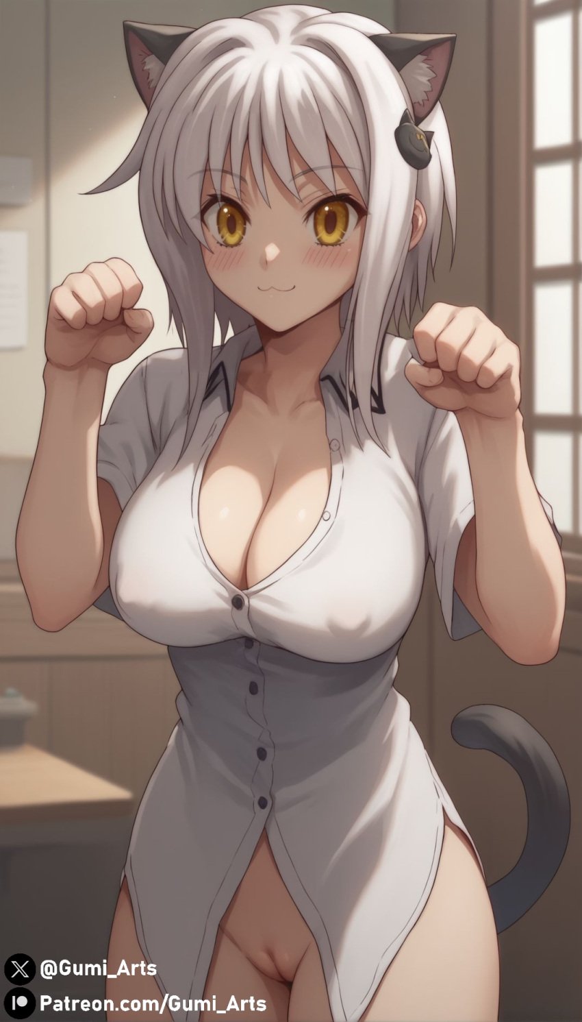 :3 ai_generated blush cat_ears cat_tail cleavage covered_nipples cute gumi_arts hair_ornament high_school_dxd indoors koneko_toujou large_breasts looking_at_viewer no_panties no_pants paw_pose pussy shirt short_hair stable_diffusion thick_thighs white_hair yellow_eyes