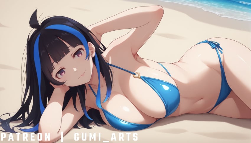 ai_generated beach bikini black_hair blue_hair cleavage female female_only gumi_arts half_dressed kanojo_okarishimasu large_breasts looking_at_viewer multicolored_hair on_side outdoors pink_eyes smile stable_diffusion two_tone_hair yaemori_mini