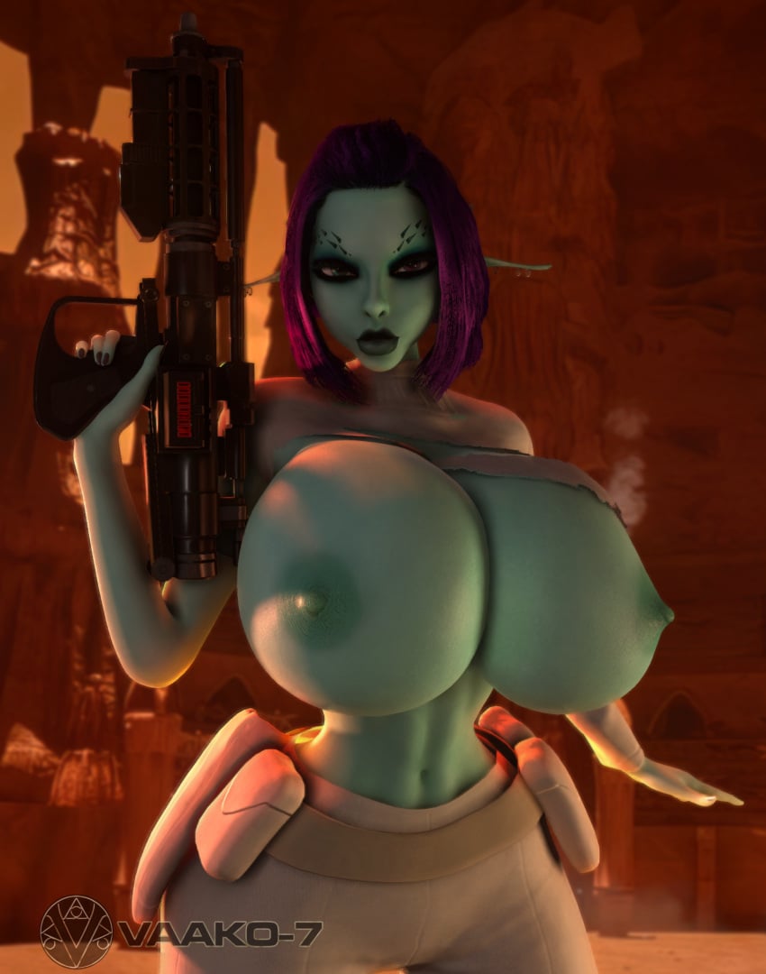 1girls 3d 3d_(artwork) areolae blue_skin breasts_bigger_than_head breasts_bigger_than_torso breasts_out child_bearing_hips cleavage enormous_breasts exposed_breasts female female_only female_solo gigantic_breasts gun heterochromia holding_gun holding_object holding_weapon hourglass_figure huge_breasts long_ears long_pointy_ears looking_at_viewer lucasfilm nipples padme_amidala_(cosplay) padme_on_geonosis pointy_ears purple_hair ripped_clothes ripped_clothing slim_waist small_waist solo solo_female soria star_wars thick_thighs thighs thin_waist top_heavy top_heavy_breasts torn_clothes torn_clothing upper_body vaako wardrobe_malfunction wasp_waist watermark weapon wide_hips