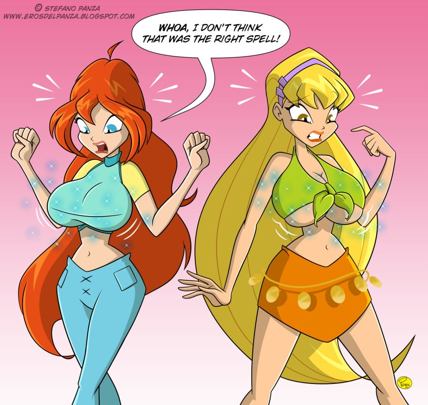 2girls 4kids_entertainment ahoge bare_legs bare_shoulders bell-bottoms bellbottoms big_breasts big_eyes blonde_hair bloom_(winx_club) blue_pants breast_expansion breasts brown_eyes bursting_breasts cleavage clenched_teeth commission crop_top cyan_eyes green_crop_top hair_between_eyes hair_down hairband hazel_eyes ilpanza lips long_bangs long_hair looking_down magic midriff miniskirt motion_lines navel nickelodeon open_mouth orange_hair orange_skirt pockets pointy_hair pointy_nose purple_hairband rainbow_(animation_studio) red_hair redhead short_bangs short_sleeves skirt sleeveless sleeveless_crop_top stella_(winx_club) surprised t-shirt teeth text_bubble tied_shirt turtleneck underboob upper_teeth upper_teeth_only winx_club yellow_sleeves