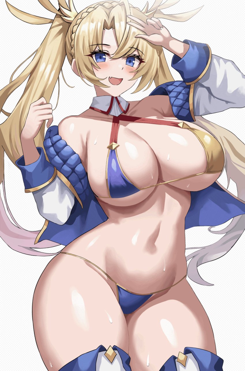 1girls 2d bikini blonde_hair blue_eyes bouncing_breasts bradamante_(fate) breasts fate/grand_order fate_(series) female hi_res huge_breasts jasony light-skinned_female light_skin long_hair naughty_face simple_background smile thick_thighs twintails wide_hips