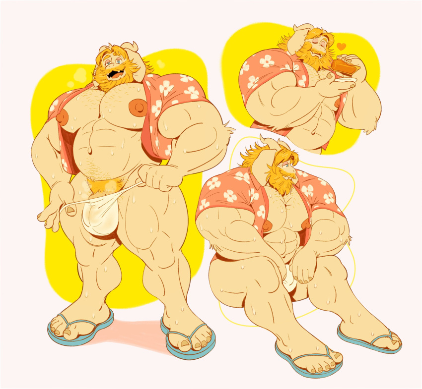 2024 abs absurd_res aloha_shirt anthro areola asgore_dreemurr barazoku beard biceps big_bulge big_muscles blonde_hair bodily_fluids boss_monster_(undertale) bovid bulge caprine clothed clothing eating eyebrows facial_hair food footwear fur genitals goat hair heart_symbol hi_res horn huge_bulge huge_muscles male male_focus male_only mammal mezcal musclegut muscular muscular_anthro muscular_male nails navel nipples open_clothing open_mouth open_shirt open_smile open_topwear pattern_clothing pattern_shirt pattern_topwear pecs penis penis_base pie_(food) pubes quads sandals shirt simple_background sitting smile solo standing sweat thick_arms thick_thighs thong topwear tuft undertale_(series) underwear white_background yellow_background