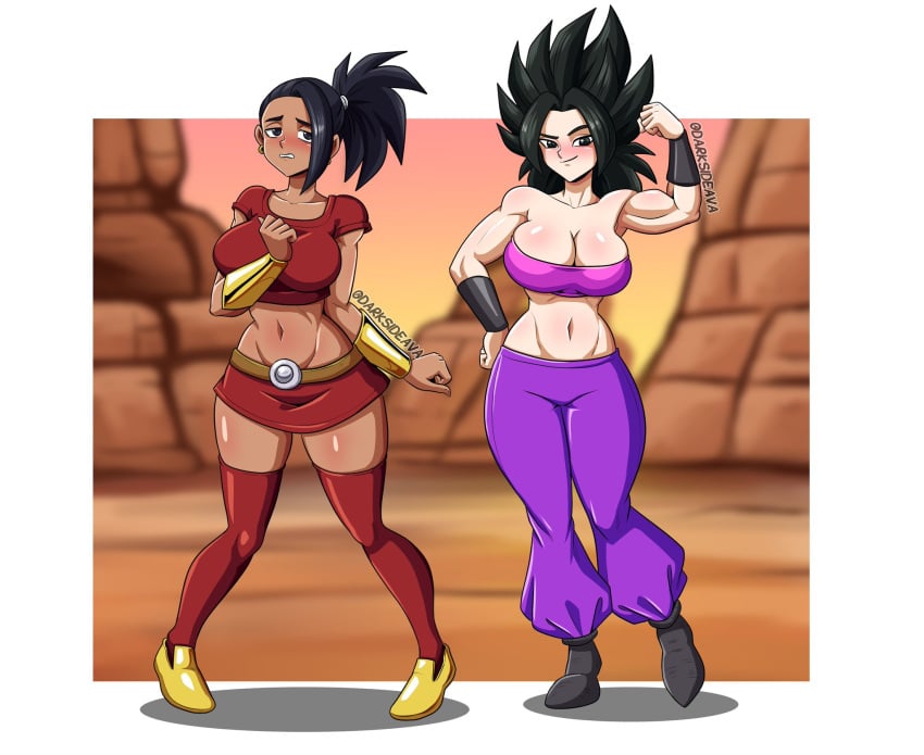 2girls avalewds big_breasts black_hair breasts caulifla dark-skinned_female dark_skin darksideava dragon_ball dragon_ball_super female female_only full_body kale large_breasts legs long_legs mature_female miniskirt multiple_girls muscle muscular muscular_female muscular_legs red_skirt skirt