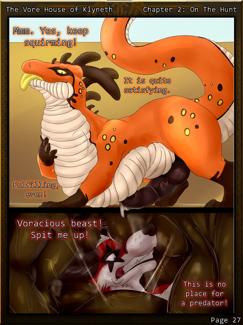 audition canine chapter_2 comic dragon english_text fox fur horn inside_stomach knot krevaan_(cometfox) long_tail male mammal neck_bulge nolow oral_vore page_27 penis precum runa216 scalie spike_(shade1) stomach_bulge text the_vore_house_of_klyneth tongue tongue_out vore yaoi