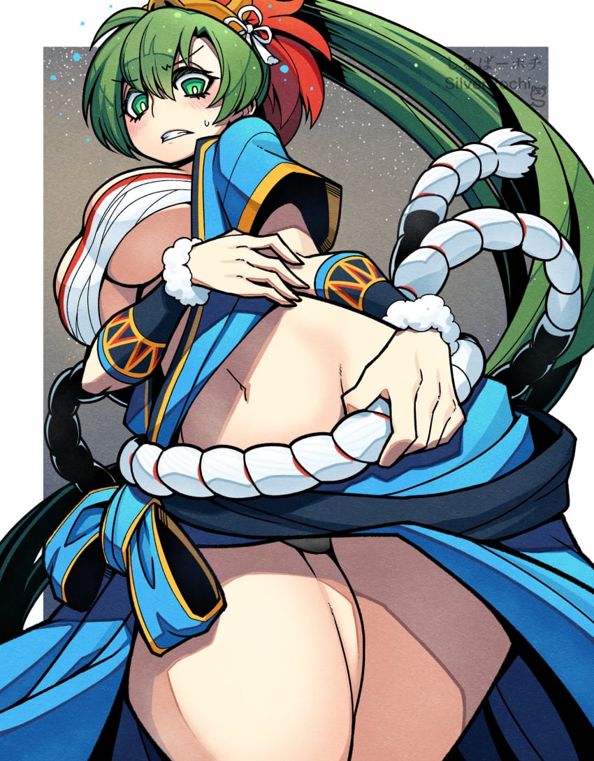 1girls alternate_costume bandages bandeau bare_thighs black_panties blue_robe blue_skirt blush breasts chest_sarashi clenched_teeth cowboy_shot female female female_only fire_emblem fire_emblem:_the_blazing_blade fire_emblem_heroes green_eyes green_hair groin highres kara_age large_breasts long_hair lyn_(fire_emblem) lyn_(flame)_(fire_emblem) midriff navel nintendo official_alternate_costume panties ponytail robe rope sarashi shimenawa short_sleeves skirt solo standing stomach strapless teeth thick_thighs thighs tube_top underboob underwear very_long_hair