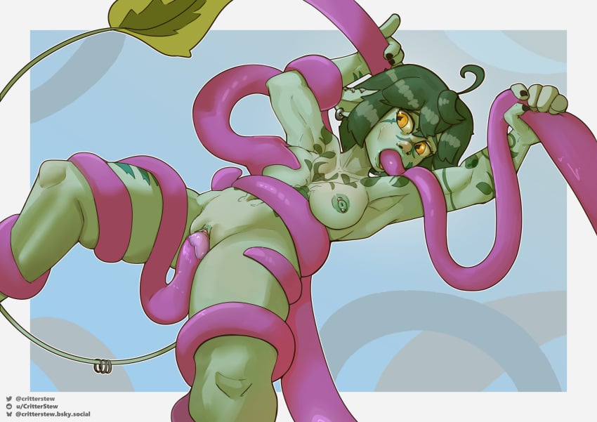 critterstew goblin goblin_female green_body green_hair green_skin lifted_by_tentacles tail tentacle tentacle tentacle_grab tentacle_in_mouth tentacle_penetration tentacle_sex