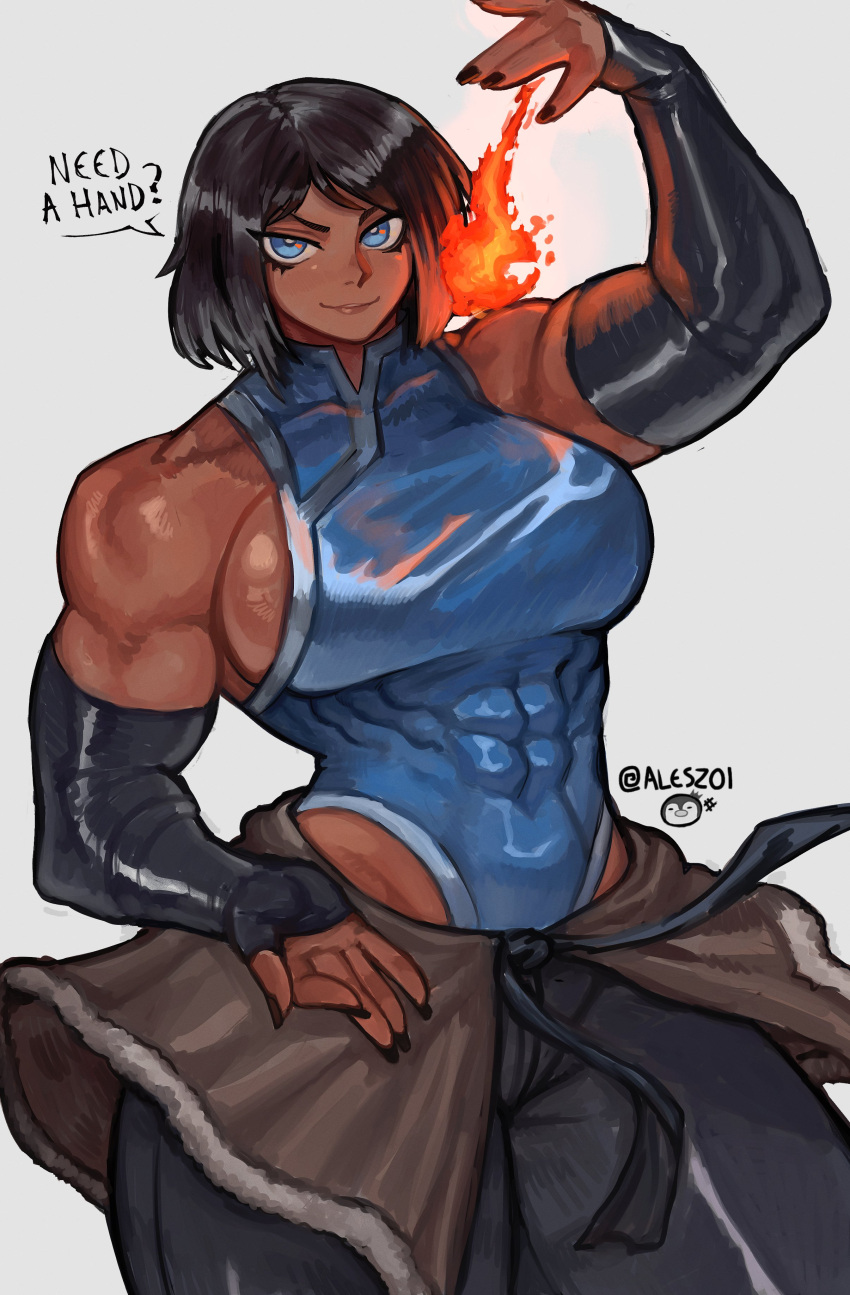 1girls abs al3s artist_signature avatar_legends big_breasts black_hair blue_eyes dark_skin dark_skinned_female english_text female fingerless_gloves firebending hyper_thighs korra massive_thighs muscular muscular_arms muscular_female sideboob speech_bubble text the_avatar the_legend_of_korra thunder_thighs water_tribe