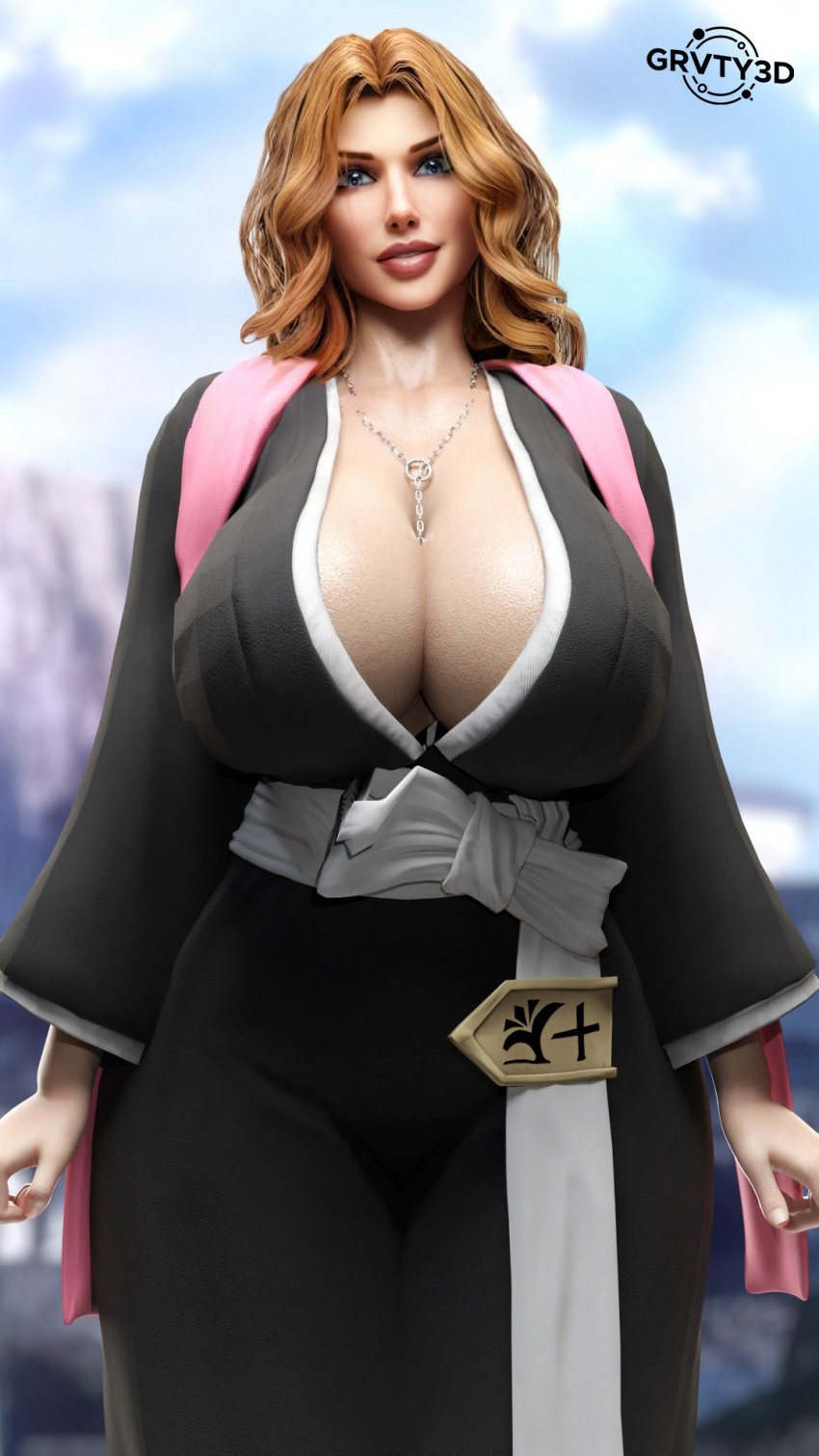 1girls 3d 3d_(artwork) big_breasts bleach blonde_hair blue_eyes breasts cleavage female female_only grvty3d hi_res high_resolution highres huge_breasts large_breasts lips_parted looking_at_viewer matsumoto_rangiku mole_under_mouth necklace robe solo solo_female solo_focus