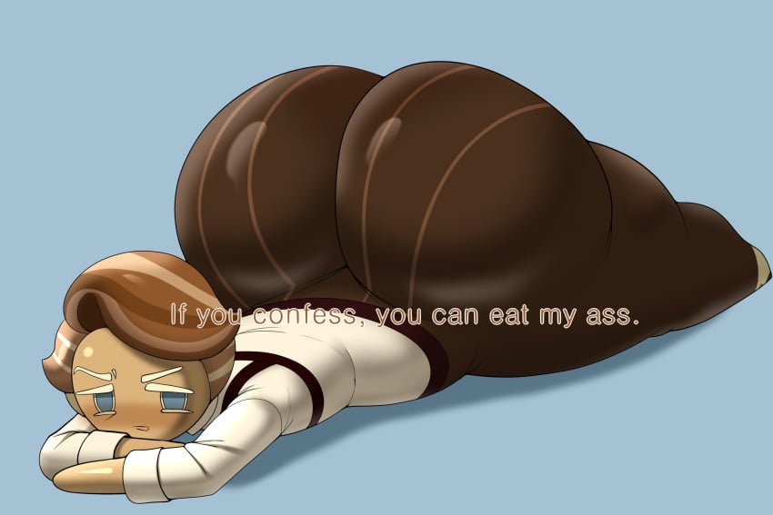 1boy almond_cookie ass ass_focus babyhunt4 big_ass big_butt blue_eyes bribe brown_hair butt cookie_run da_ra_ra_ra fat_ass fat_butt huge_ass huge_butt laying_down looking_at_viewer male male_only solo talking_to_viewer text thick_ass thick_butt