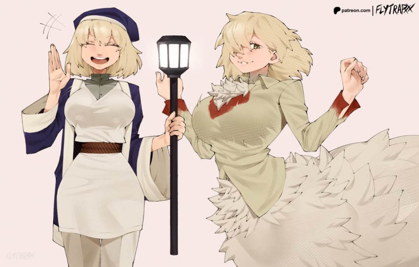 1girls artist_name big_breasts blonde_hair brown_eyes busty chimera_falin closed_eyes curvy delicious_in_dungeon dungeon_meshi falin_touden falin_touden_(chimera) feathers flytrapxx fully_clothed hair_over_one_eye light-skinned_female light_skin patreon_username taur wave