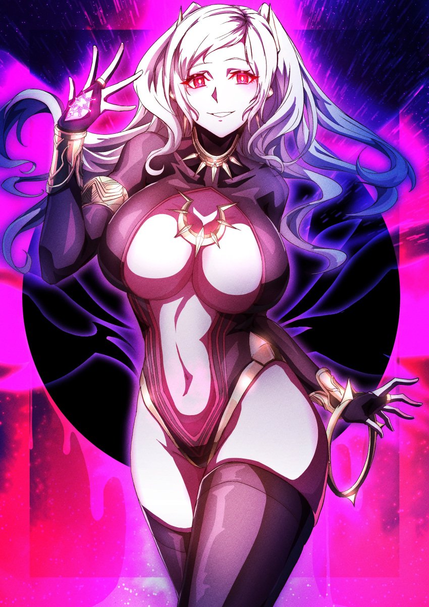 1girls absurdres adapted_costume alternate_costume aura bare_midriff bare_thighs bracelet brand_of_the_defile breasts bridal_gauntlets cleavage collar dark_aura dark_persona evil_smile female fire_emblem fire_emblem_awakening fire_emblem_heroes glowing_tattoo grey_hair grima_(fire_emblem) grin hand_tattoo highres intelligent_systems jewelry large_breasts leotard looking_at_viewer midriff navel_cutout nintendo official_alternate_costume red_eyes revealing_clothes robin_(female)_(fell_tactician)_(fire_emblem) robin_(fire_emblem) robin_(fire_emblem)_(female) see-through see-through_cleavage smile smug solo spiked_collar spikes tattoo thick_thighs thighhighs thighs to_(tototo_tk) twintails uneven_eyes white_hair wide_hips