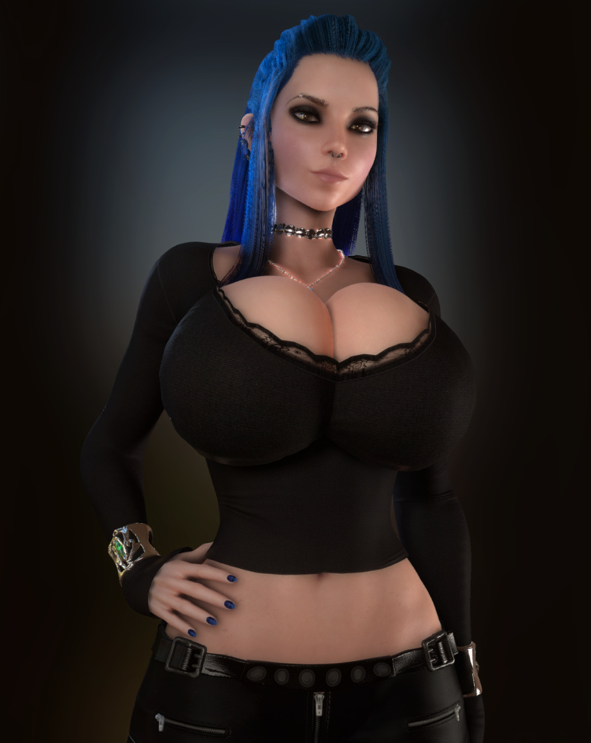 1girls 3d 3d_(artwork) becca_(vaako) blue_hair breasts_bigger_than_head choker cleavage clothed clothed_female ear_piercing female female_only female_solo fully_clothed gigantic_breasts hand_on_hip hand_on_own_hip hourglass_figure huge_breasts human human_female human_only long_hair looking_at_viewer midriff necklace nose_piercing nose_ring oc original original_character painted_fingernails painted_nails piercing ponytail slim_waist solo solo_female top_heavy top_heavy_breasts upper_body vaako wide_hips