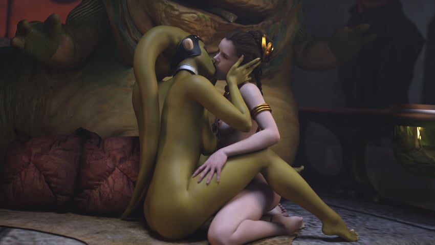 2girls 3d alexbridger ass braided_hair brown_eyes brown_hair bubble_butt chain_leash chained enslaved_royal eyes_closedclosed_eyes femsub forced_yuri green_skin harem harem_girl headwear hutt jabba's_palace kissing large_breasts long_hair making_out maledom medium_breasts multiple_girls multiple_subs nakedjabba_the_hutt nude nude_female oola princess_leia_organa slave slave_collar slave_leia slavegirl star_wars submissive_female twi'lek yuri