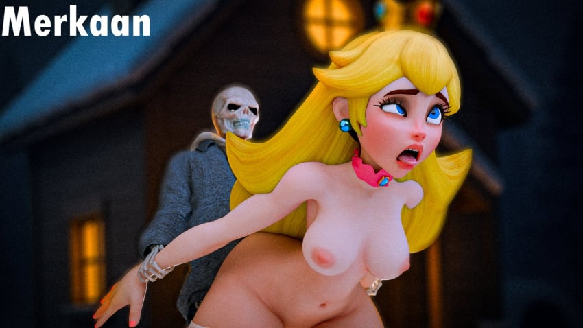 3d 3d_(artwork) ahe_gao big_breasts blender_(software) blonde_female blonde_hair blue_eyes blue_jacket breasts crossover crown doggy_style eastern_and_western_character female forced merkaan princess_peach sans skeleton skull super_mario_bros. tongue_out undertale undertale_(series) white_body