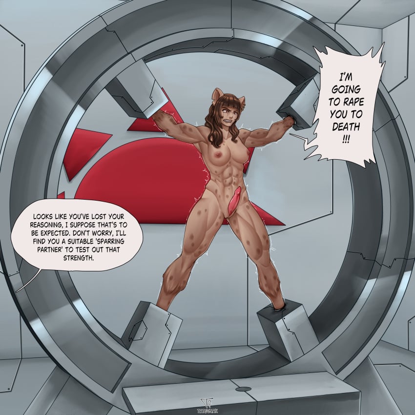 abs agents_of_dawn angry animal_ears bondage clit_growth clitoris dialogue english_text experiment female furry futanari heidi_grimm hyena_girl intersex lab large_clitoris muscular nude spread_legs tatatsumak