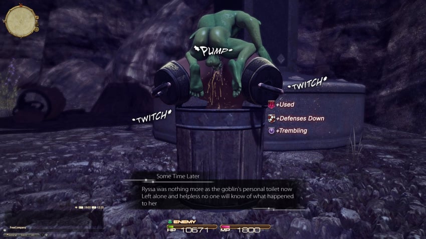 amputee bad_end defeated defeated_heroine english_text final_fantasy_xiv gameplay_mechanics goblin goblin_rape gpose(ffxiv) helpless human_toilet peeing_during_sex peeing_inside quadruple_amputee rape rape_slave raped raped_by_enemy slave toilet_slave viera