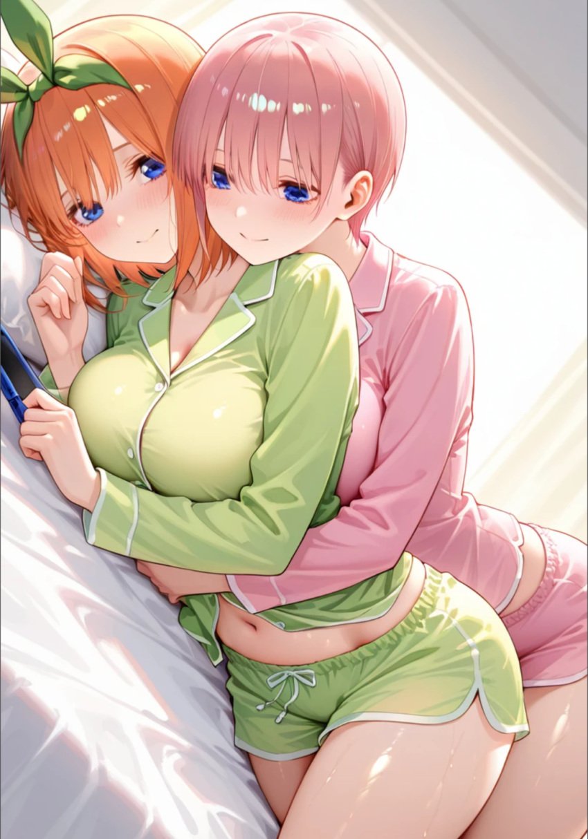 ai_generated blue_eyes blush cuddling go-toubun_no_hanayome incest midriff nakano_ichika nakano_yotsuba orange_hair pajamas pink_hair sisters spooning yuri