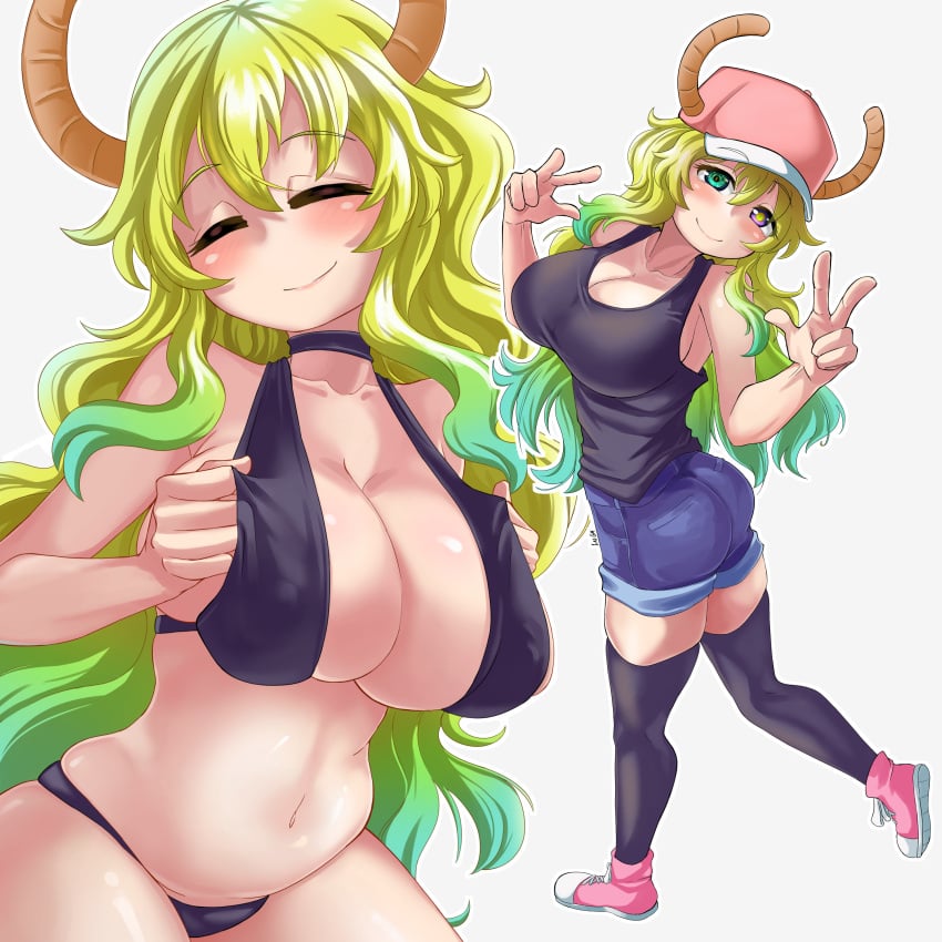 absurdres bare_arms bare_shoulders baseball_cap bikini black_bikini black_choker black_tank_top black_thighhighs blonde_hair blue_shorts boots breasts choker cleavage closed_eyes closed_mouth commentary denim denim_shorts double_w dragon_girl dragon_horns facing_viewer female gradient_hair green_eyes green_hair hair_between_eyes hat heterochromia highres horns kobayashi-san_chi_no_maidragon large_breasts laz_gm long_hair looking_at_viewer lucoa_(maidragon) multicolored_hair multiple_views navel paid_reward_available pink_boots pink_hat short_shorts shorts simple_background smile swimsuit tank_top thighhighs w white_background yellow_eyes