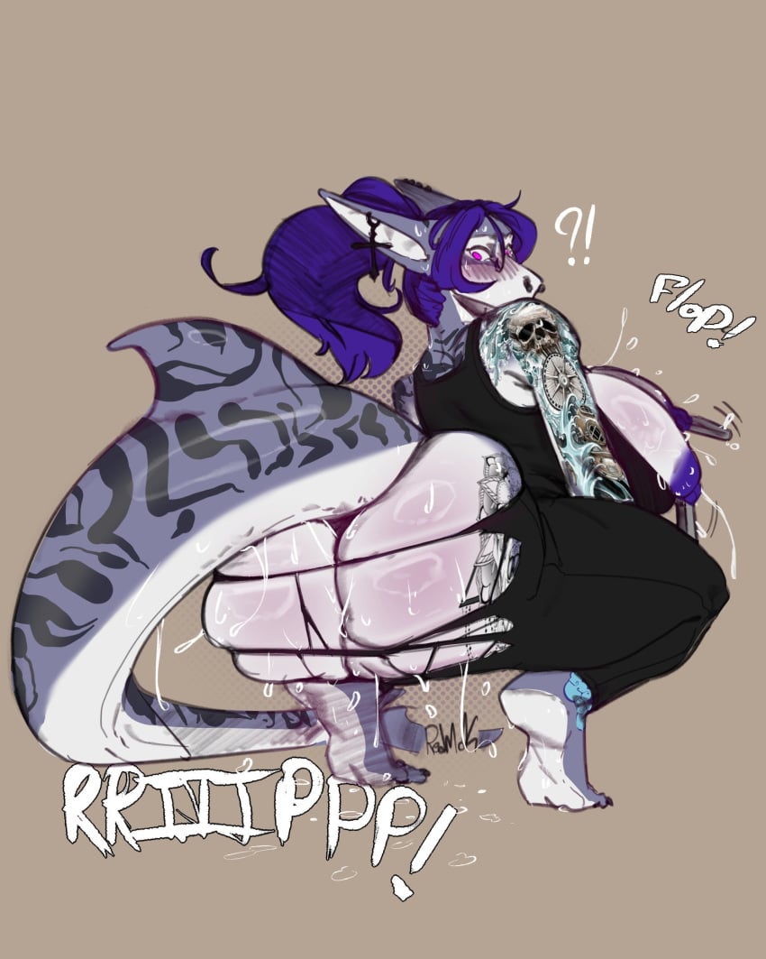 4:5 accessory anthro ass big_breasts big_butt bodily_fluids bottomwear breasts clothing curvy_figure ear_piercing ear_ring female fin fish genitals hair hi_res long_hair looking_back marine nipple_piercing nipples pants piercing ponytail pussy redmok ring_piercing ripping_sound_effect shaed_(south_shaed) shark shirt solo striped_body stripes sweat tail tail_fin tank_top tattoo tearing_clothing text topwear torn_bottomwear torn_clothing torn_pants voluptuous white_body