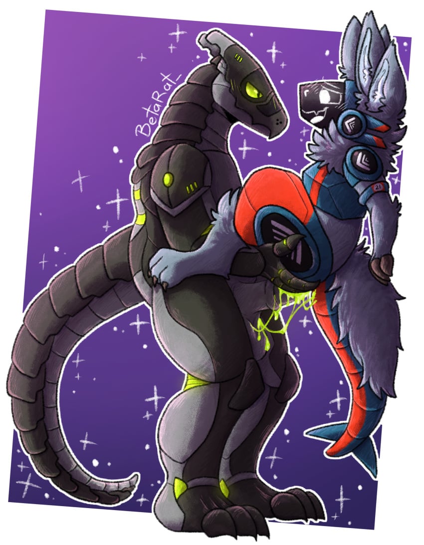 4_ears absurd_res against_surface anal animal_genitalia animal_penis anthro armband armor balls betarat blue_body blue_fur blush blush_lines bodily_fluids bodily_fluids_in_ass claws colored_cum cum cum_in_ass cum_inside cum_on_balls cum_on_penis cum_string duo equine_genitalia equine_penis eye_contact fur genital_fluids genitals green_cum green_eyes grey_body hi_res holding_partner long_tail looking_at_another looking_at_partner machine male male/male medial_ring multi_ear penis protogen shaded smile standing synth_(vader-san) tail unusual_bodily_fluids unusual_cum unusual_genital_fluids white_eyes