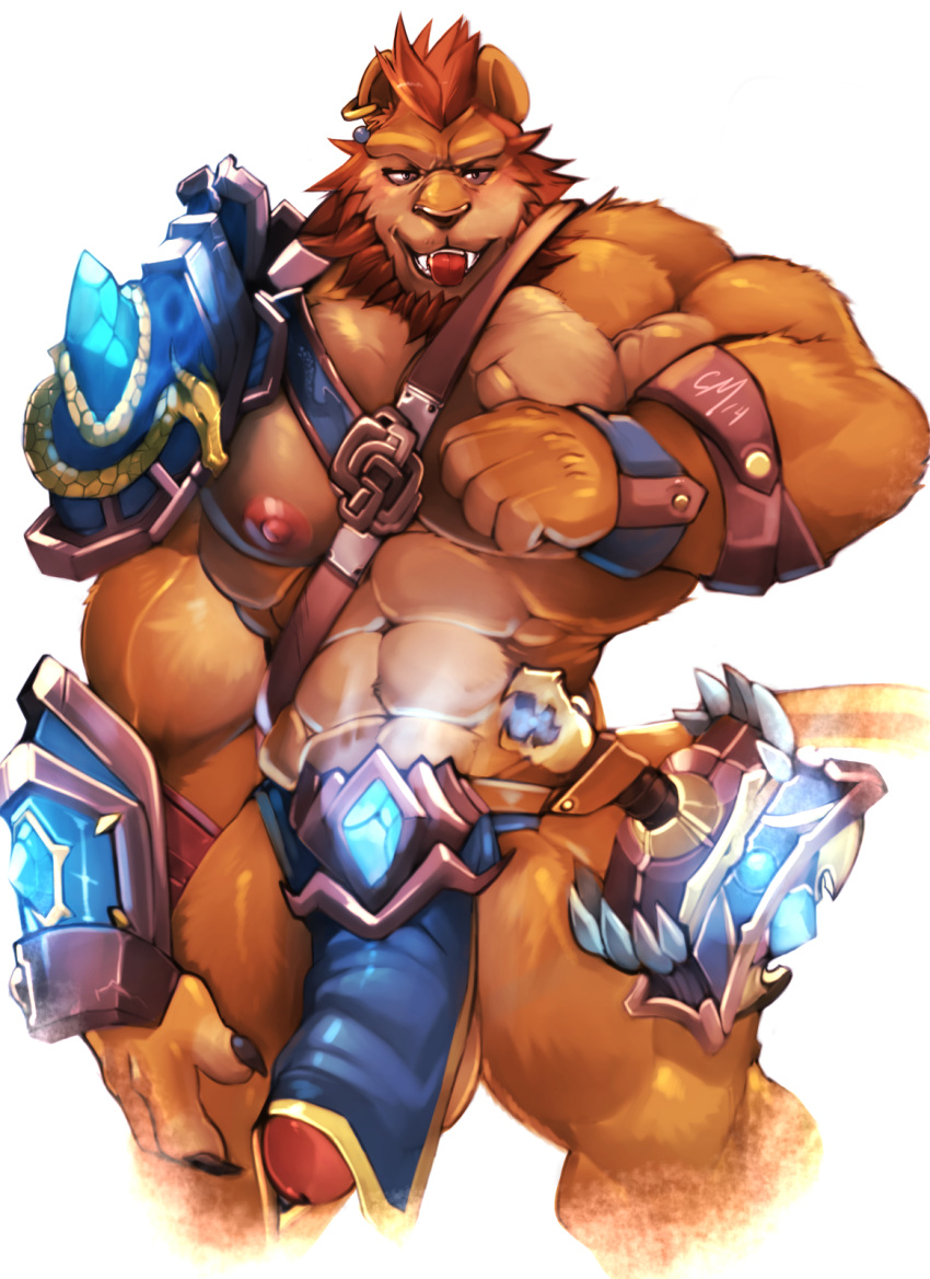 2014 abs anthro armlets armor balls beard belt biceps big_biceps big_muscles big_penis brown_fur brown_hair brown_nose claws clothed clothing cursedmarked ear_piercing erection facial_hair fangs feline fur hair hawtcherry hi_res huge_cock huge_muscles humanoid_penis lion loincloth looking_at_viewer male male_only mammal muscular muscular_male nipples open_mouth pecs penis piercing pose simple_background solo standing teeth tongue tongue_out topless unconvincing_armor vein white_background