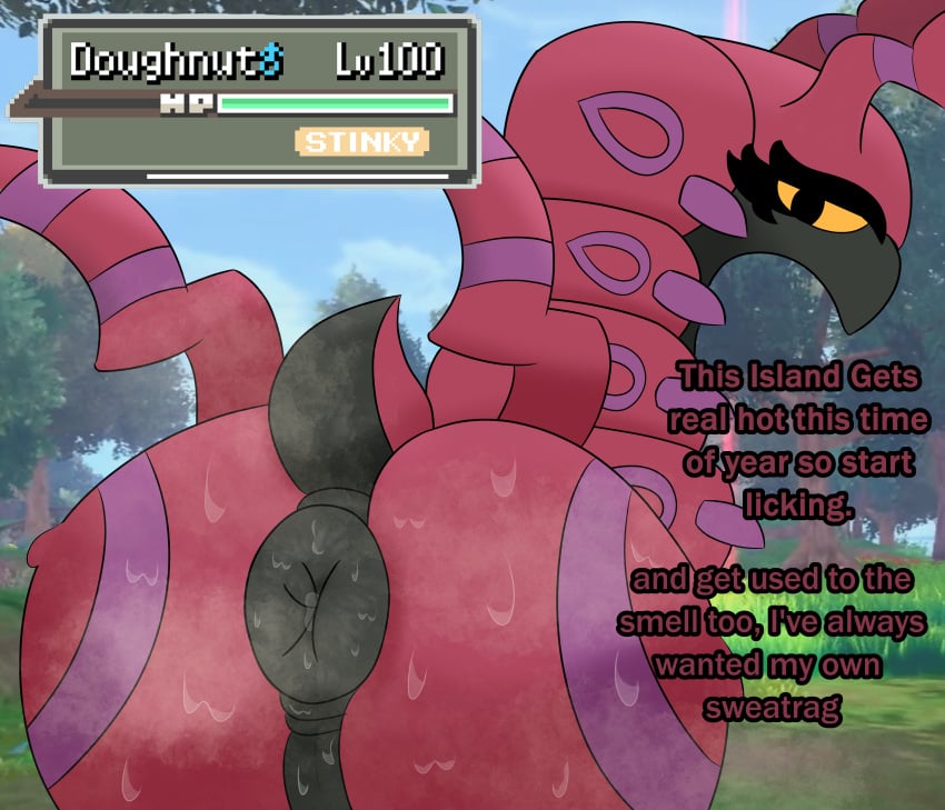 anus ass big_anus big_ass big_butt dominant dominant_male donut_anus gameplay_mechanics horns itsdafunk looking_back male male_only musk musk_clouds musk_fetish musky_butt pokemon pokemon_(species) puffy_anus scolipede speaking sweat sweatdrop sweating sweaty sweaty_ass tail