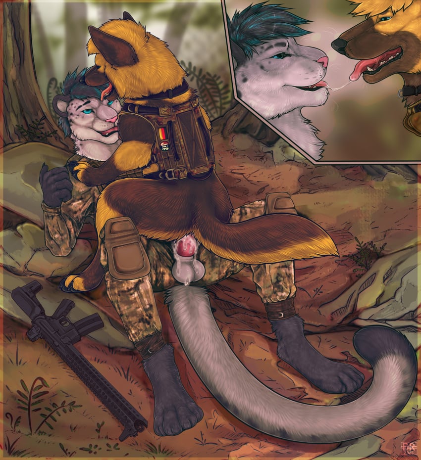 ambiguous_gender ambiguous_penetrated anal anal_sex anthro anthro_on_feral anthro_penetrating anthro_penetrating_feral blue_eyes blue_hair bodily_fluids brown_body brown_fur camo camo_clothing camo_print canid canine canis close-up clothing cowgirl_position cum domestic_dog duo erection exposed_balls felid fence feral feral_penetrated firefangdragon from_front_position fur genital_fluids genitals german_flag german_shepherd grey_body grey_fur gun hair harness herding_dog hi_res ice_in_summer_(sftsl) kissing male male/ambiguous male/male male_on_feral male_penetrating male_penetrating_ambiguous mammal on_bottom on_top open_mouth orgasm outside pantherine pastoral_dog pattern_clothing paws penetration penis ranged_weapon rchevyier rifle saliva sex snow_leopard tongue tongue_out weapon zoophilia