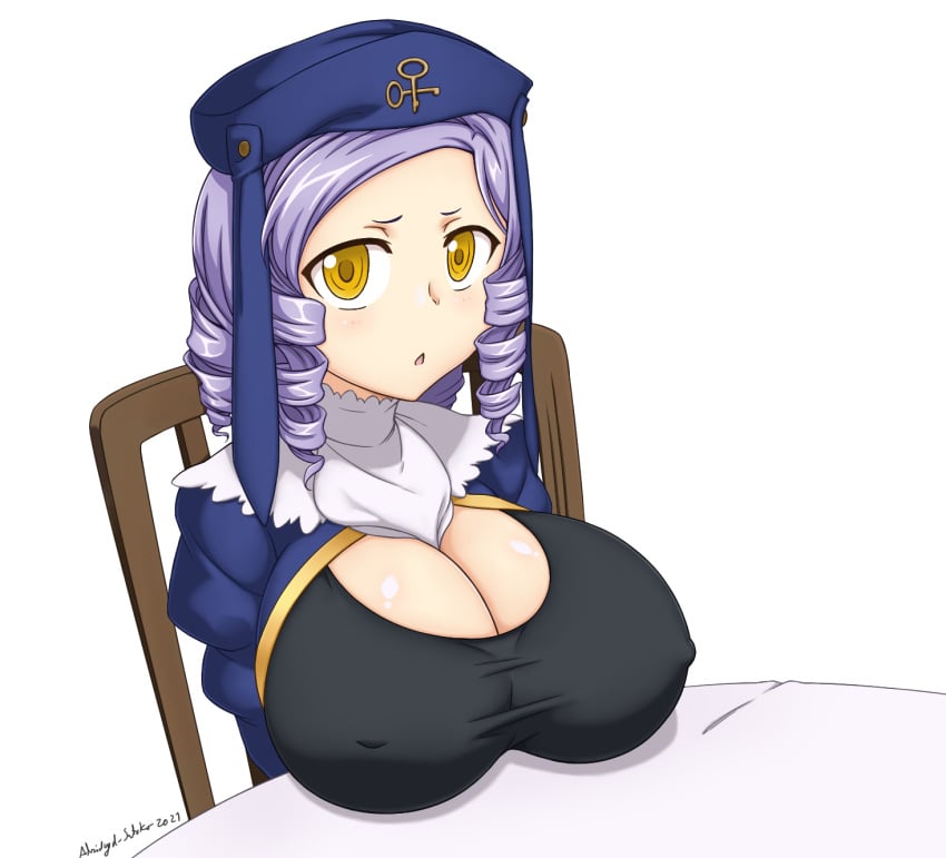 1girls abridged-satoko alternate_breast_size artist_name artist_signature blush breasts breasts_on_table chair cleavage dlanor_a_knox drill_hair female female_only grey_hair huge_breasts large_breasts light-skinned_female light_skin looking_at_viewer nipple_bulge nipples_visible_through_clothing open_mouth solo table umineko_no_naku_koro_ni white_background yellow_eyes