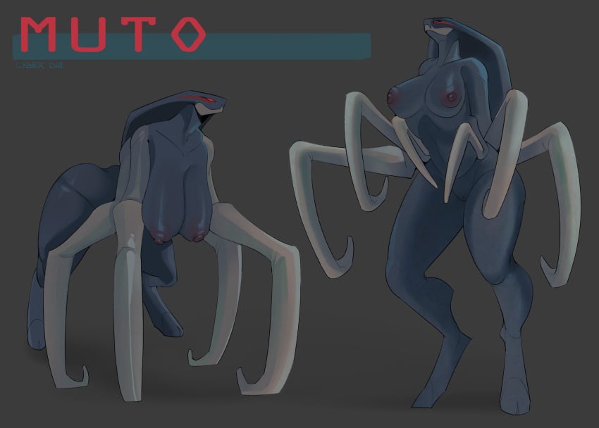 absurd_res areola ass big_breasts breast_size_difference breasts cyber_d1e duo female godzilla_(series) hi_res huge_breasts kaiju monster multi_limb muto_(godzilla) nipples nude red_eyes simple_background solo text thick_thighs toho