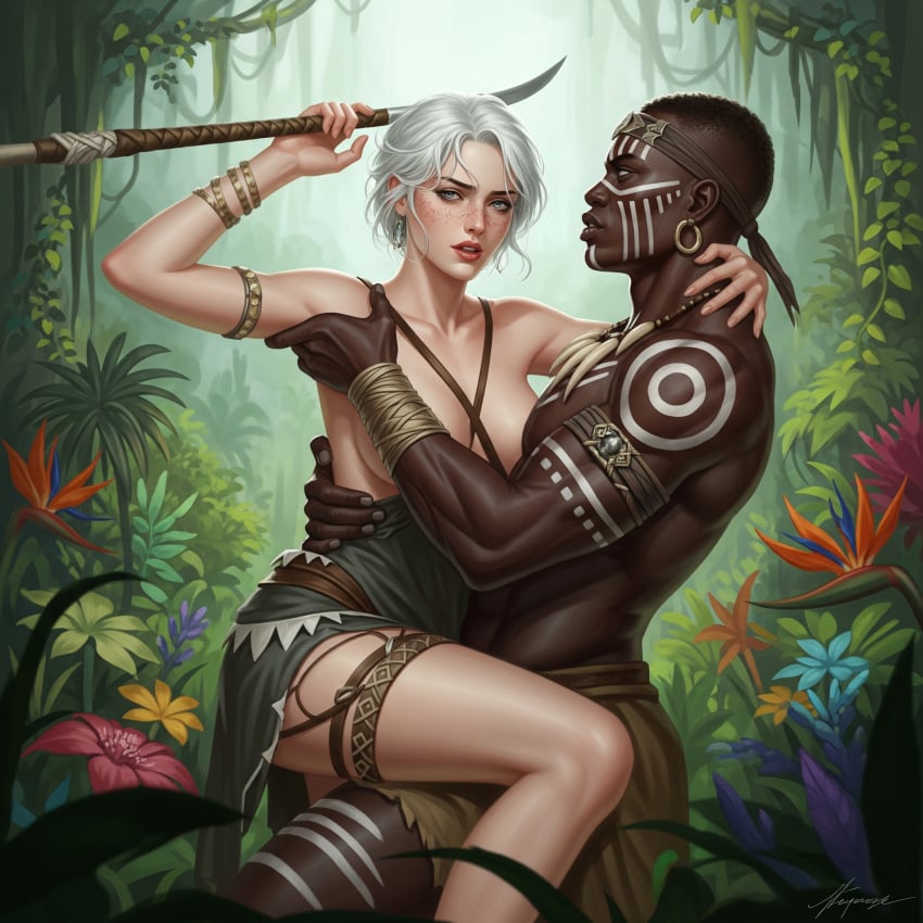 ai_generated ciri dark-skinned_male female interracial jungle no_bra tagme the_witcher_(series)