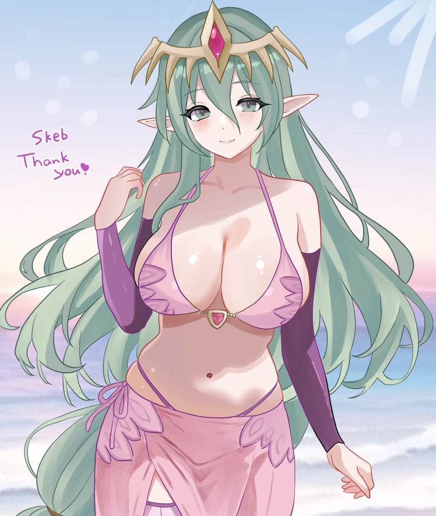 absurd_res alluring big_breasts bikini cleavage closed_mouth commentary_request commission cowboy_shot detached_sleeves female fire_emblem green_eyes green_hair hair_between_eyes halterneck hand_up headgear high_res intelligent_systems long_hair long_sleeves looking_at_viewer n_54 navel nintendo pink_bikini pink_sarong pointy_ears purple_sleeves sarong skeb_commission skindentation smile standing stomach string_bikini swimsuit tiki_(adult)_(fire_emblem) tiki_(fire_emblem) very_long_hair